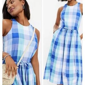 Loft Sleeveless Midi Dress Womens Small Blue Plaid Seersucker Pockets Cutout